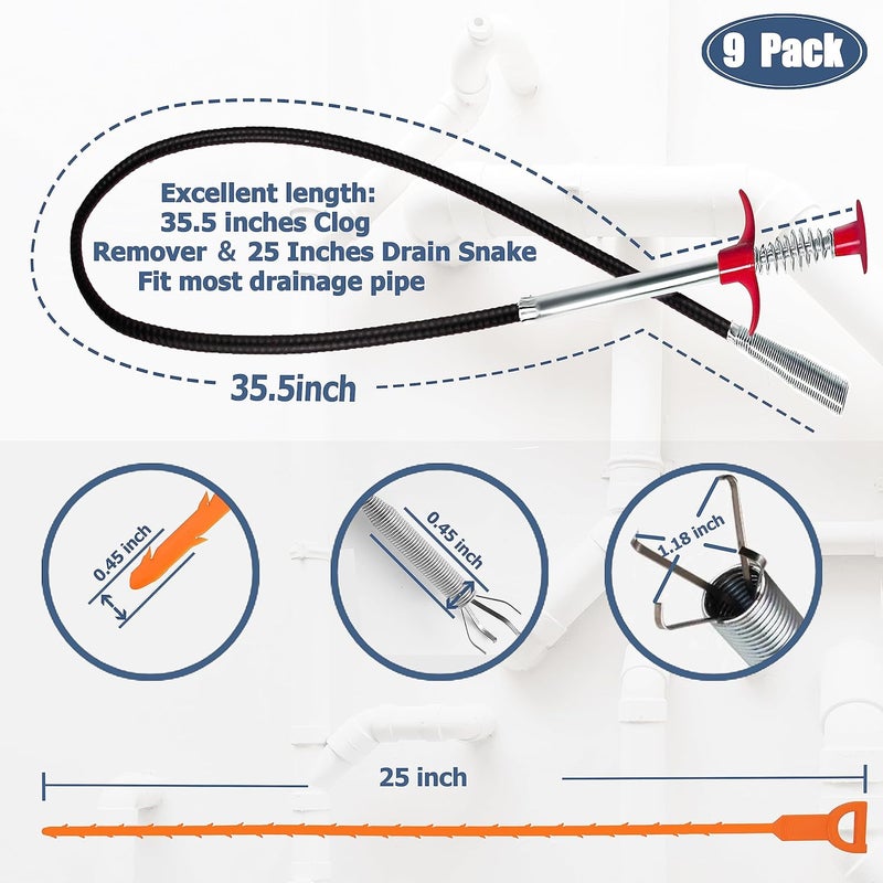 KeyFar 35.5inch Drain Clog Remover(1pcs), 25inch Drain Snake Hair Remover(6pcs) ＆ Cleaning Brush(2pcs), Hair Catcher Drain Auger Cleaner Tool Set For Toilet, Kitchen Sink, Bathroom Tub, Sewer, 9 Pack - Image 2
